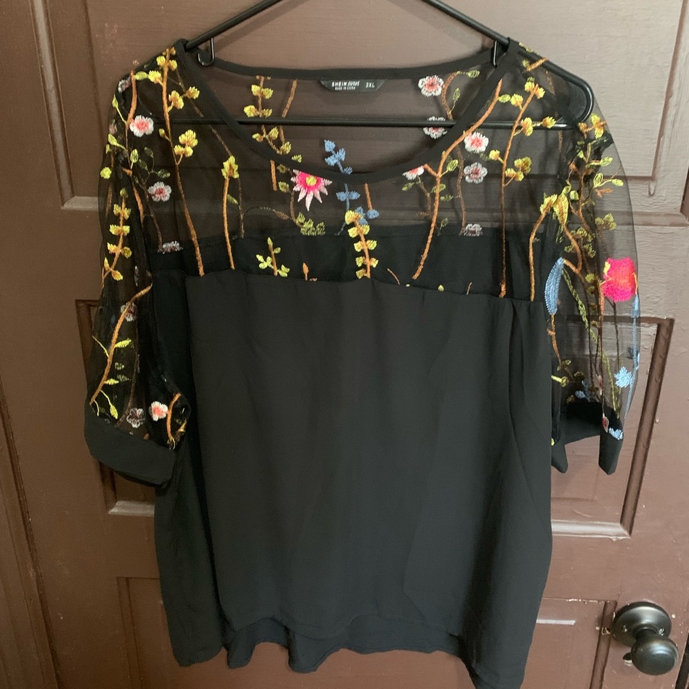 Black Floral Mesh Top